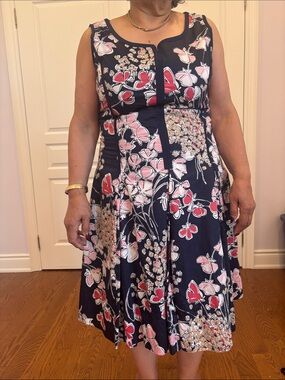 Talbots Navy Midi Dress with Pink & Red Floral Print